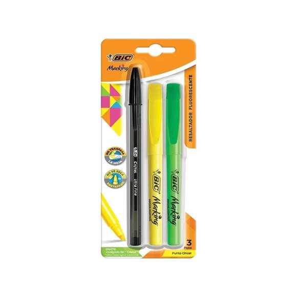 Resaltador fluorescente Bic Marking color verde y amarillo, 2 piezas más 1 bolígrafo