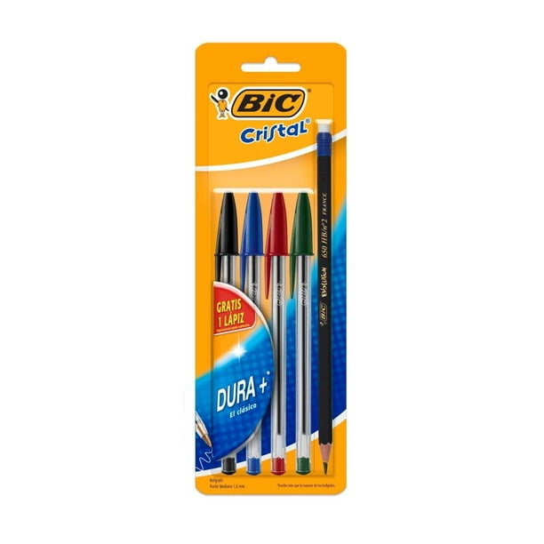 Bolígrafo Bic Cristal Dura + Punto Mediano 1.0 mm 4 pzas más 1 lápiz