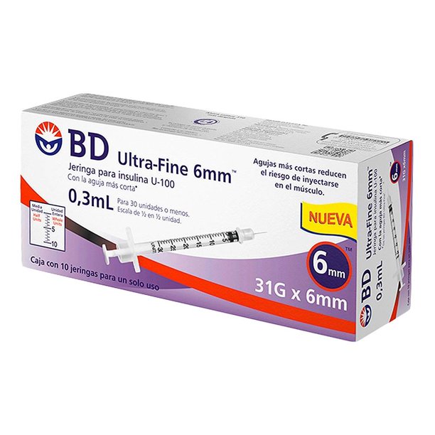 Jeringa BD Ultra Fine para insulina BD Ultra-Fine 0.3ml 31G x 6mm caja c/10 pzas