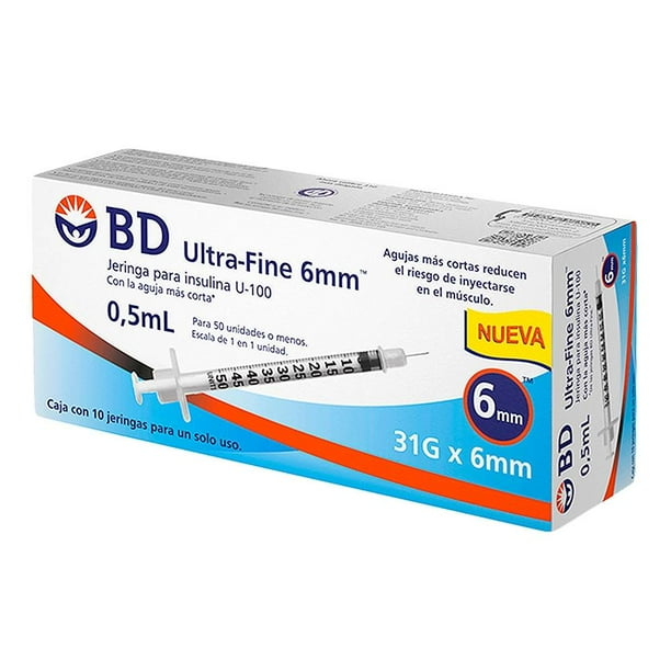 Jeringa BD Ultra Fine para insulina 0.5ml 31G x 6mm caja c/10 pzas