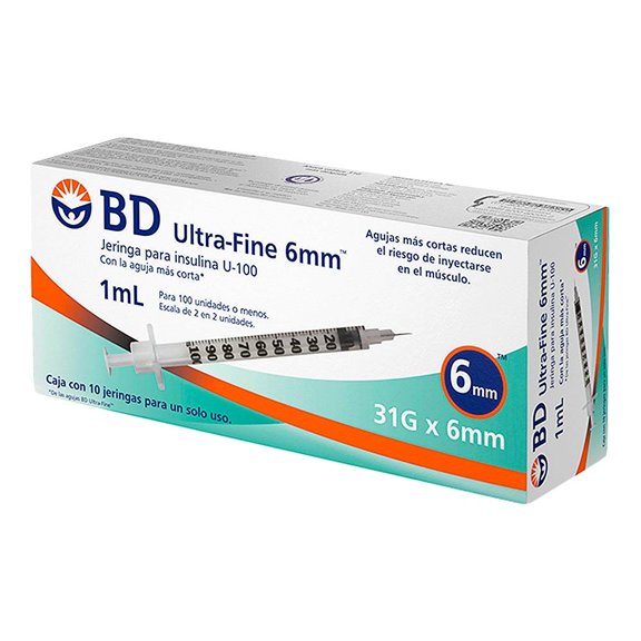 Jeringa BD Ultra Fine 6 mm para insulina U 100, 1 ml calibre 31 G x 6 mm 10 pzas