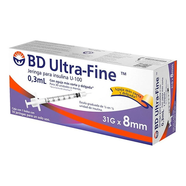 Jeringa BD Ultra Fine para insulina 0.3ml 31G x 8mm caja c/10 pzas