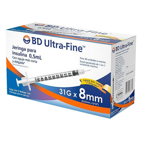 Jeringa BD Ultra Fine para insulina 0.5 ml 31G x 8 mm 30 pzas