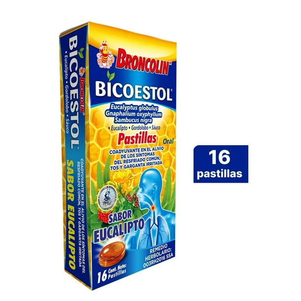 Broncolin Bicoestol sabor eucalipto caja con 16 pastillas