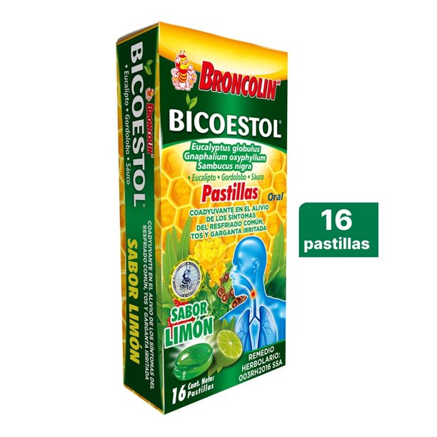 Pastillas Broncolin Bicoestol sabor limón, 16 pzas