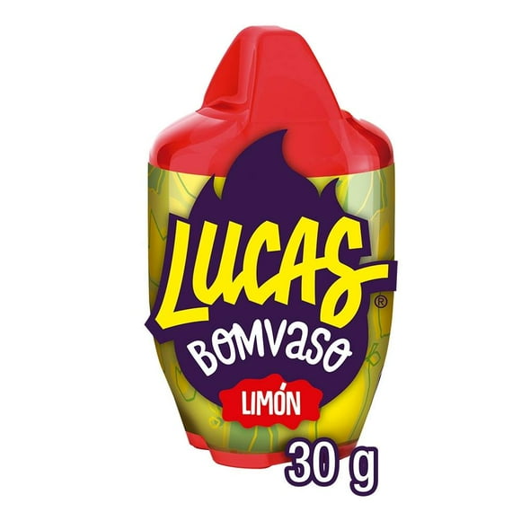 Dulce enchilado Lucas bom vaso sabor limón con goma de mascar 30 g