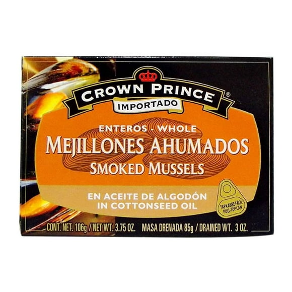 Mejillones Crown Prince ahumados enteros en aceite de algodón 106 g