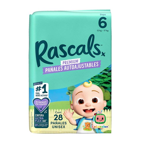 Pañales Rascal + Friends CoComelon auto ajustables etapa 6 extra grande 28 pzas