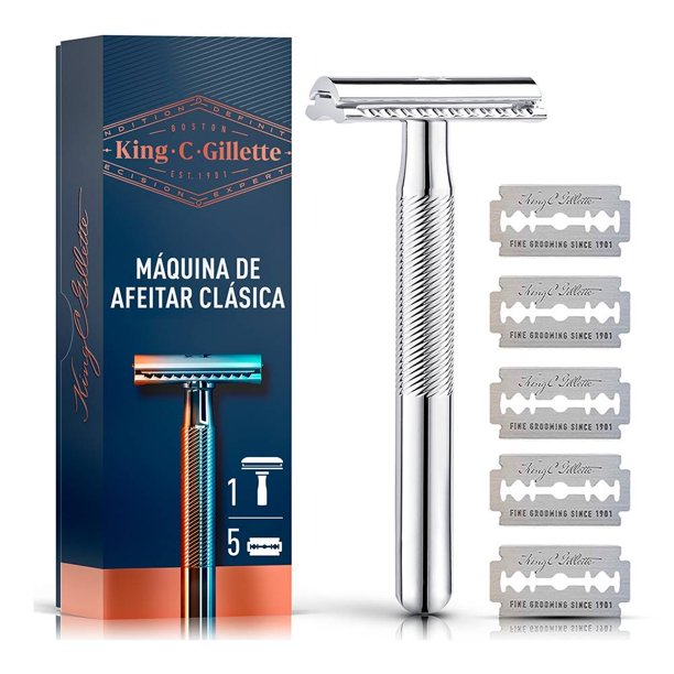 Rastrillo clásico  + 5 cuchillas de afeitar barba Gillette King C. doble filo 6 pzas