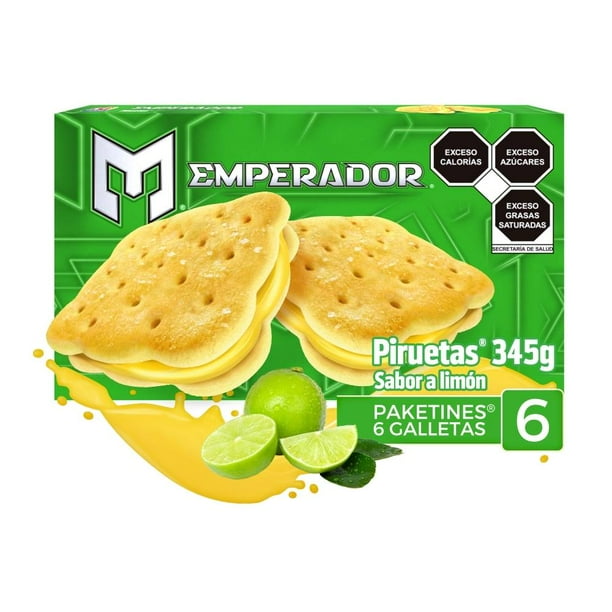 Galletas Gamesa Emperador Piruetas tipo sándwich sabor limón 6 paketines de 57.5 g c/u