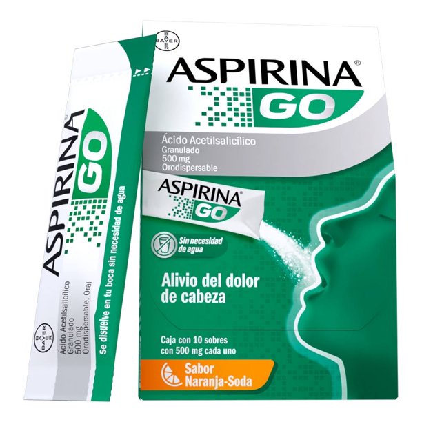 Aspirina Acido Acetilsalicílico 500 mg sabor naranja soda 10 sobres 500 mg c/u