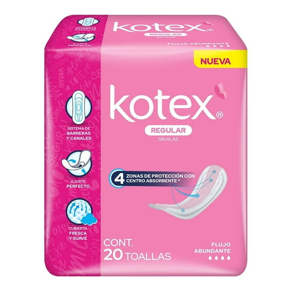 Toallas femeninas Kotex Regular sin alas flujo abundante con 20 piezas