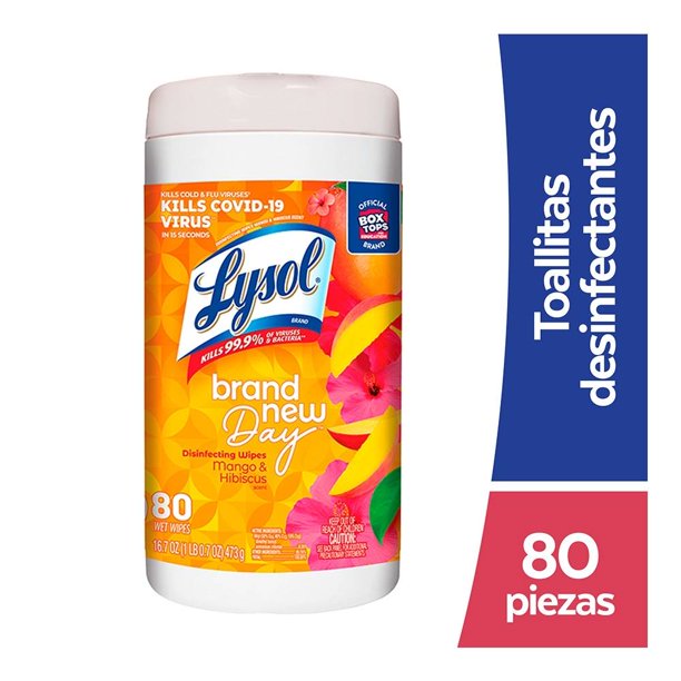 Toallitas desinfectantes Lysol para superficies fragancia mango & hibiscus 80 pzas