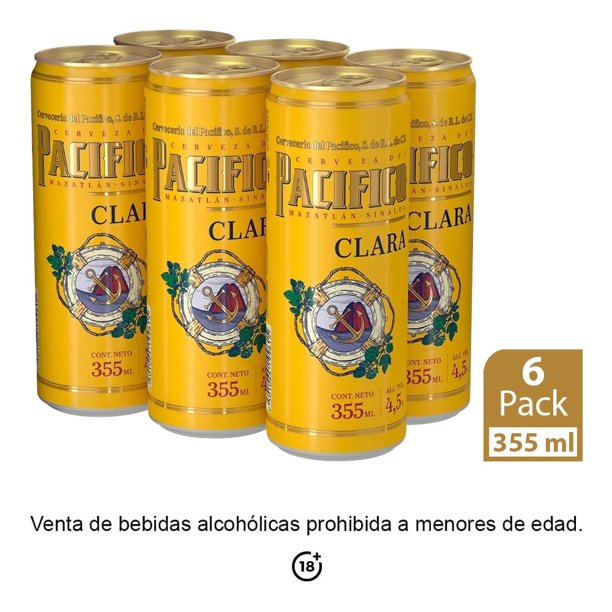 Cerveza clara Pacífico 6 latas 355 ml c/u