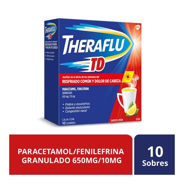 Té antigripal Theraflu Paracetamol 650 mg, Fenilefrina 10 mg sabor limón resfriado común 10 sobres