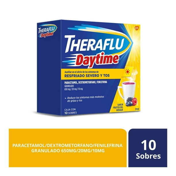 Té antigripal Theraflu Daytime Paracetamol, Dextrometorfano sabor frutos del bosque 10 sobres