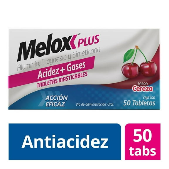 Antiácido Melox Plus acción eficaz sabor cereza 50 tabletas masticables