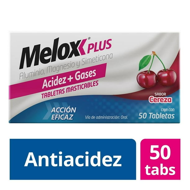 Antiácido Melox Plus acción eficaz sabor cereza 50 tabletas masticables