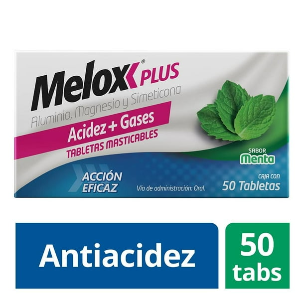 Antiácido Melox Plus Aluminio, Magnesio, Simeticona sabor menta 50 tabletas masticables