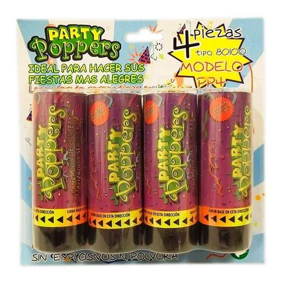 Lanzador de serpentinas Party Poppers Multicolores 4 pzas