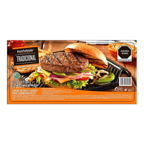 Carne para hamburguesa Marketside congelada tradicional c/ 6 pzas de 150 g c/u