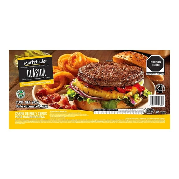 Carne para hamburguesa Marketside clásica congelada 6 pzas de 150 g c/u