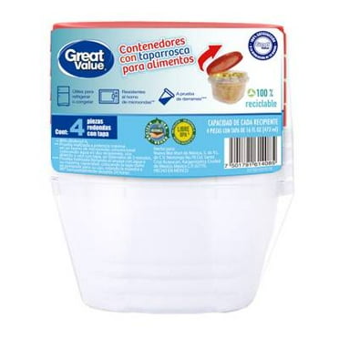 Contenedores reutilizables Great Value con taparrosca para alimentos 16 oz 4 pzas