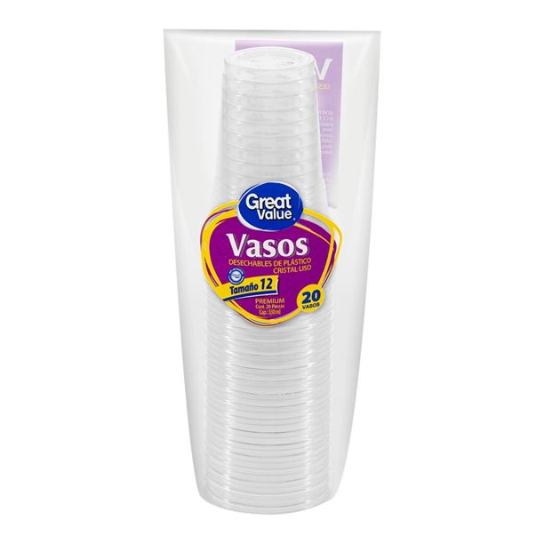 Vasos desechables Great Value Cristal Premium capacidad 330 ml 20 pzas