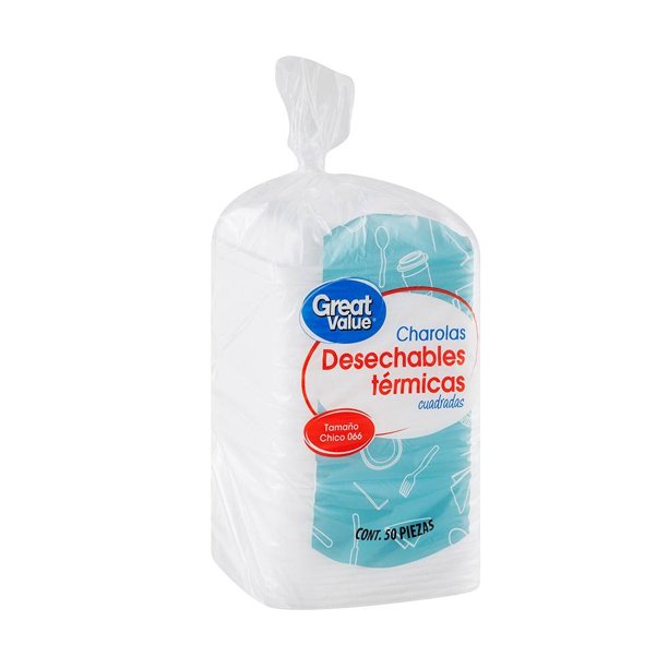 Charolas desechables Great Value térmicas tamaño 66 cuadradas 50 pzas