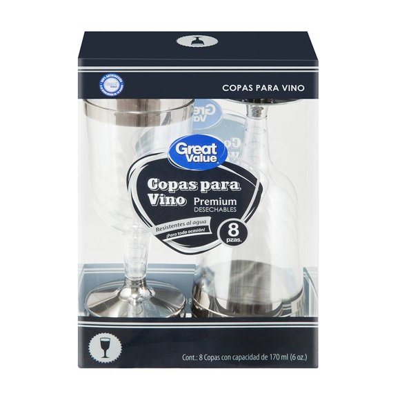 Copas para vino Great Value premium desechables 8 pzas