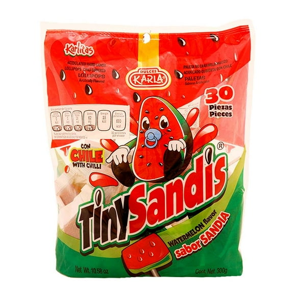 Paletas de caramelo Dulces Karla Tiny Sandis sabor sandía con chile 30 pzas 300 g