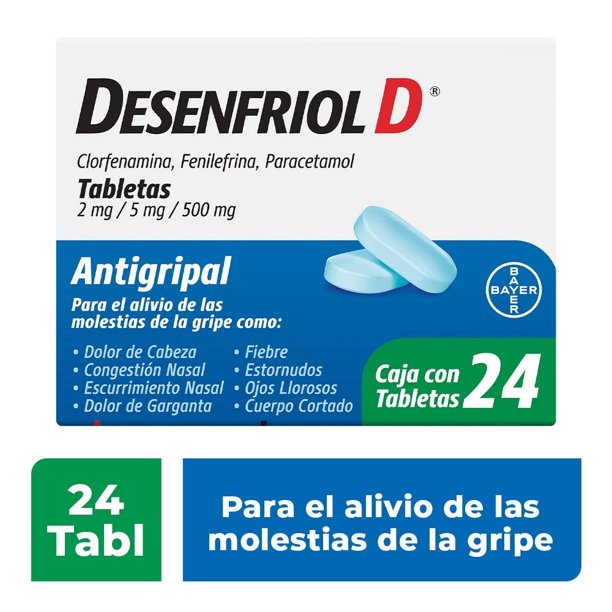 Desenfriol-D Clorfenamina 2 mg / Fenileprina 5 mg / Paracetamol 500 mg con 24 tabletas