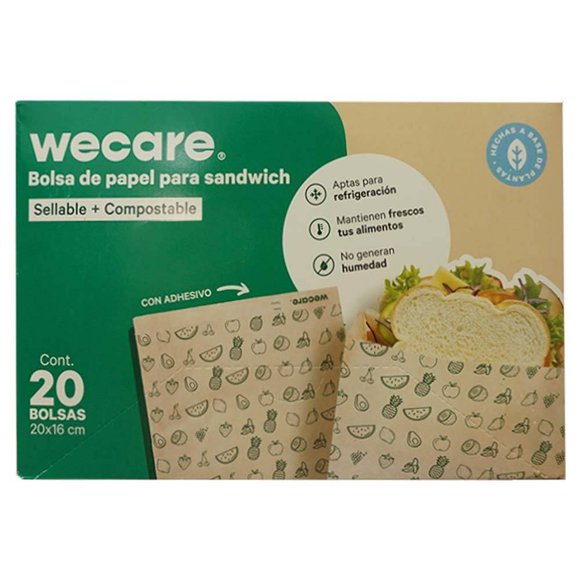 Bolsa de papel We Care compostable para sándwich 20 pzas de 20 x 16 cm c/u