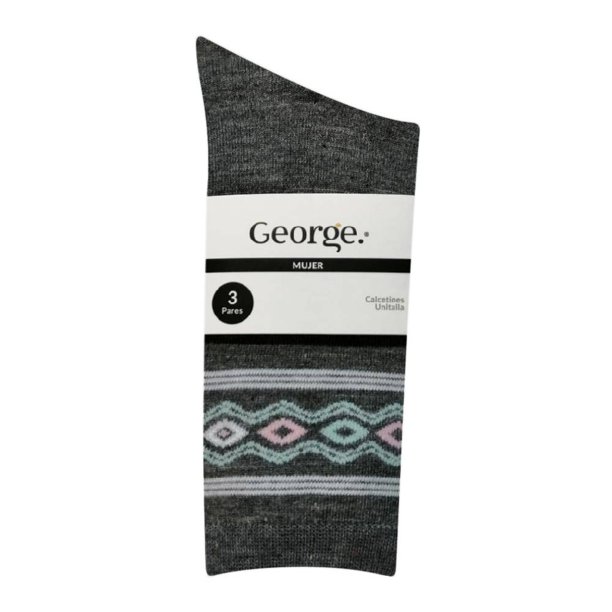 Calcetas George para Mujer, Líneas y Flores 3 Pares Gris Unitalla