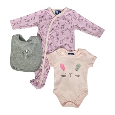 Conjunto 725 Baby Niña Talla 6 Meses Pañalero Mameluco y Babero Conejitos Rosa 3 Piezas