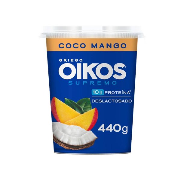 Yoghurt Griego Oikos deslactosado coco mango con 10 g de proteína 440 g