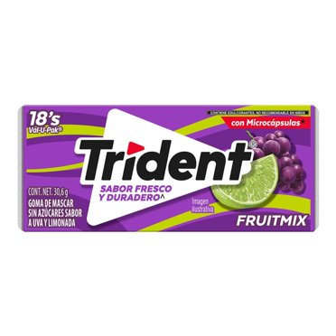 Goma de mascar Trident Fruit Mix sin azúcar sabor uva y limonada 18 pzas