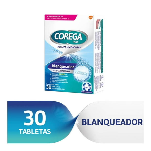 Tabletas limpiadoras Corega Blanqueador 30 tabletas efervescentes