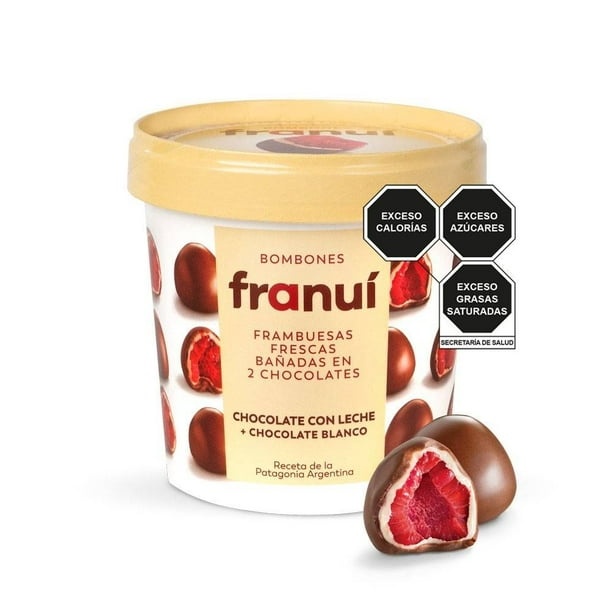 Frambuesas congeladas Franuí bañadas en chocolate con leche y chocolate blanco 150 g