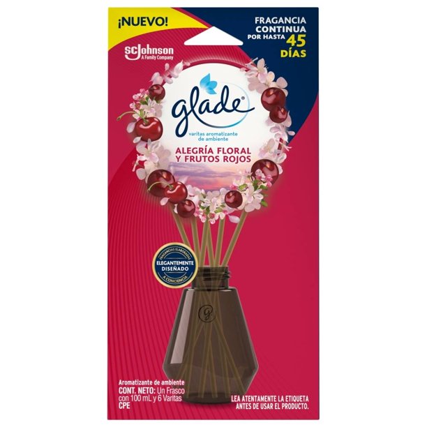 Aromatizante ambiental Glade alegría floral y frutos rojos 1 frasco con 100 ml + 6 varitas