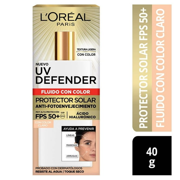 Protector solar L'Oréal UV Defender FPS 50+ antifotoenvejecimiento con color claro 40 g