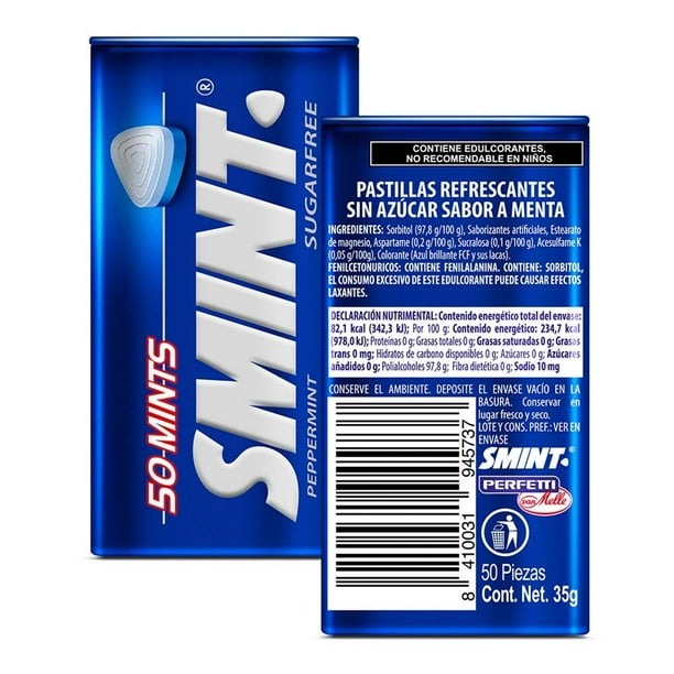 Pastillas refrescantes Smint sin azúcar sabor menta 50 pzas