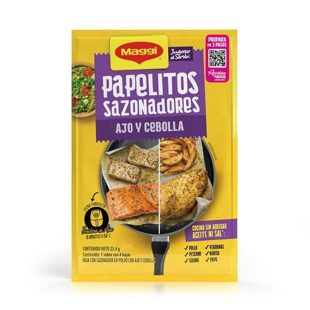 Hojas sazonadoras Maggi Jugoso al Sartén ajo y cebolla 1 sobre con 4 pzas