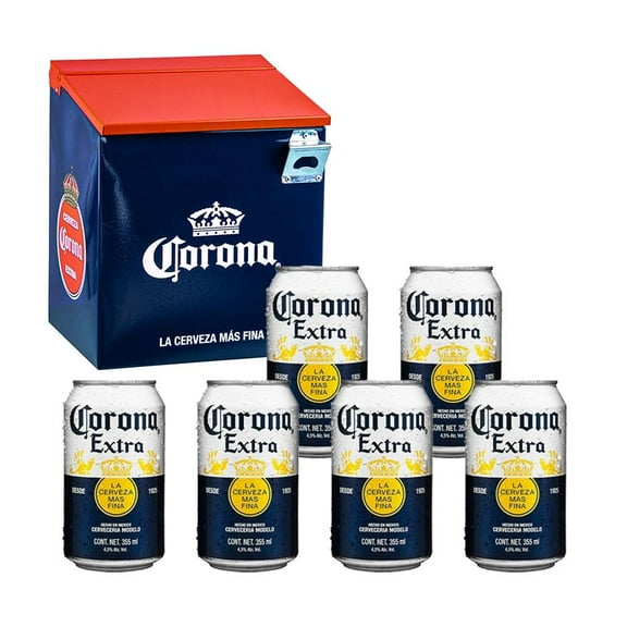 Cerveza Corona 6 Latas de 355ml c/u+ Hielera Metálica Vintage 15L