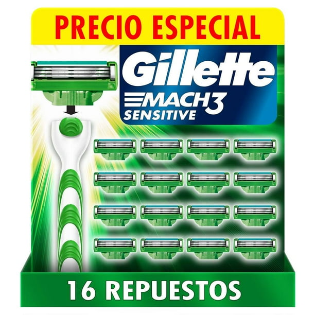 Cartucho de Rastrillo Gillette Mach3 Mach3 Sensitive con Aloe, Piel Sensible, 16 pzas