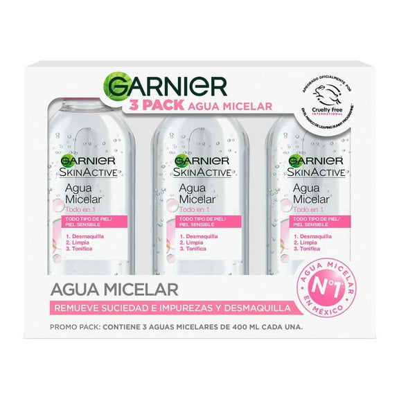 Agua Micelar Garnier Skin Active 3 pzas de 400 ml c/u