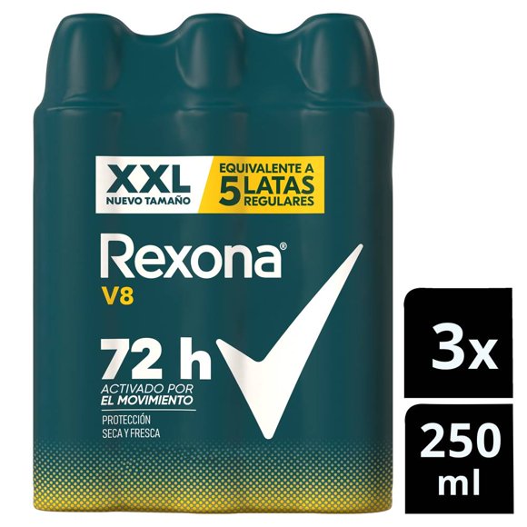 Antitranspirante en Aerosol Rexona Men V8 XXL 3 pzas de 250 ml c/u
